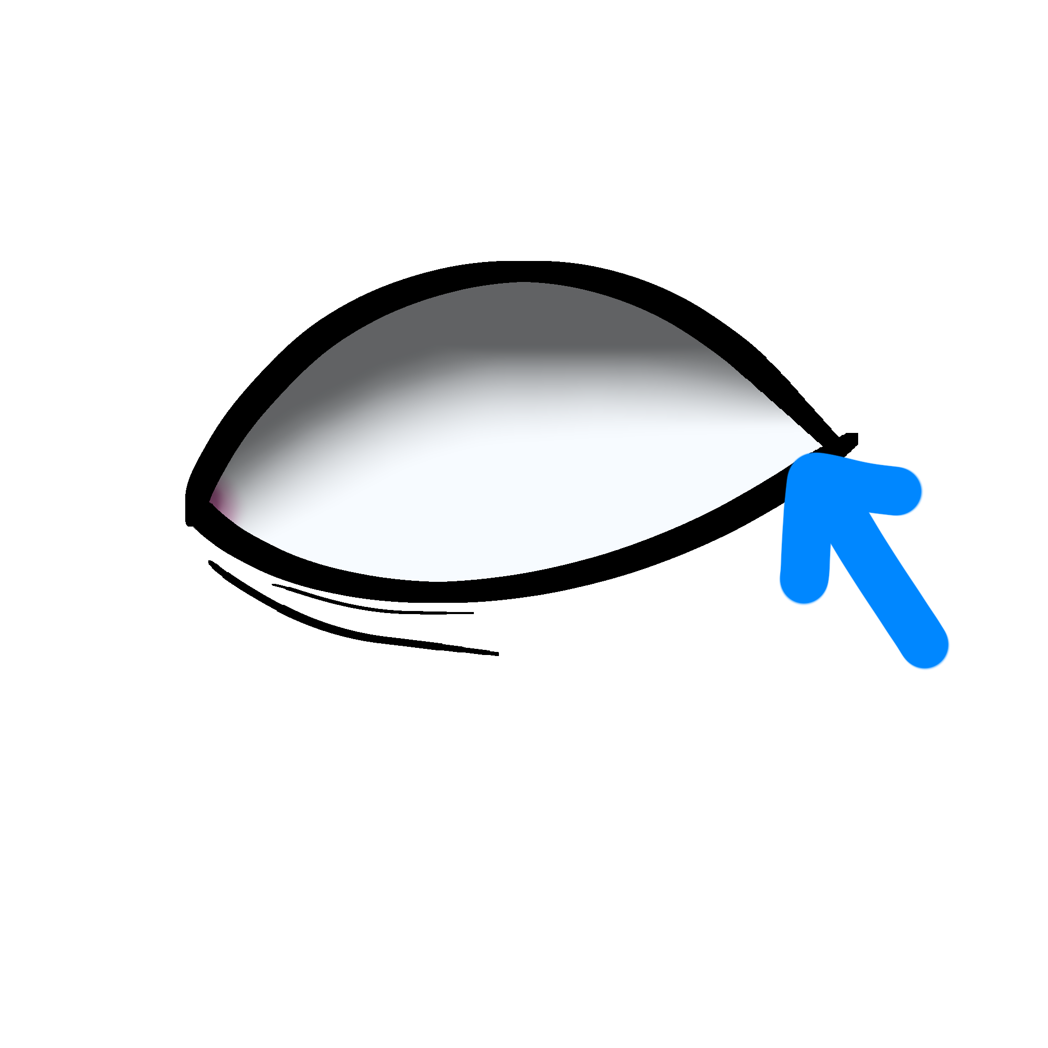 a stylized drawing of an eyeball with no iris or pupil with a blue arrow pointing to the the outer corner